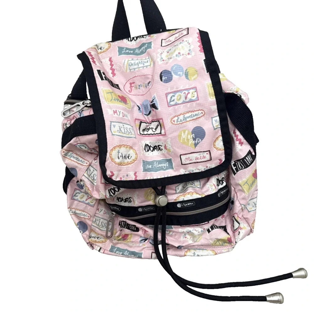 LeSportsac Small Mini Backpack Love Print Cinch Top Snap Closure Zipped Pockets